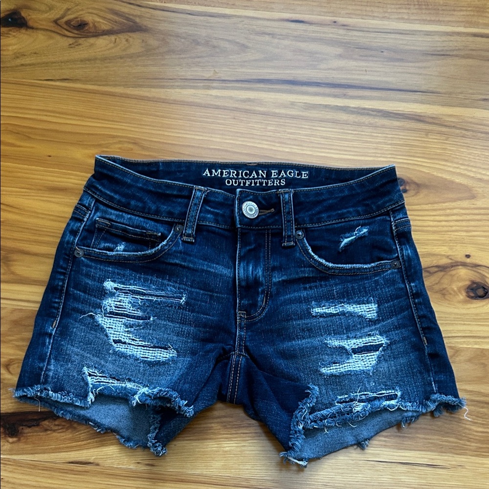 American Eagle Outfitters Ripped Jean Shorts - Dark Blue